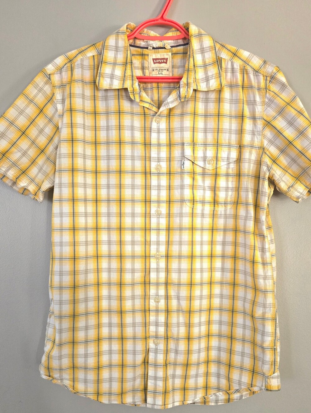 Levi's Men's Large Short Sleeve Button Down Plaid Shirt Yellow White Gray Slim